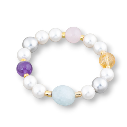 Elastic Bracelet Of White And Gray Mallorcan Pearls With Rose Quartz, Amethyst, Citrine, Aquamarine And Golden Hematite 10-12mm