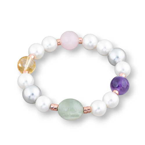 Elastic Bracelet Of White And Gray Mallorca Pearls With Rose Quartz, Amethyst, Citrine, Aquamarine And Pink Hematite 10-12mm