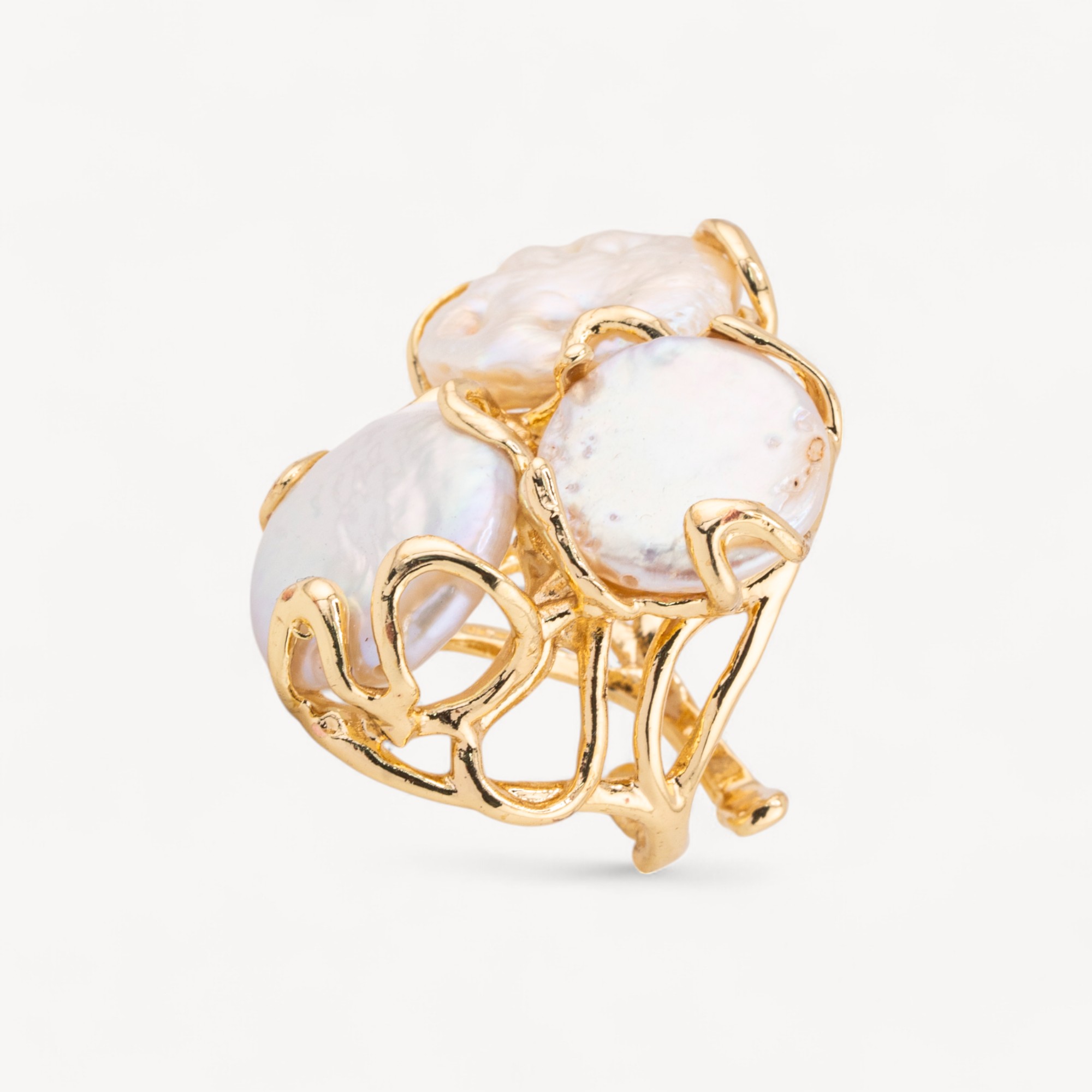 Anello Di Bronzo Collezione AURORA 32x36mm Con Perle Di Fiume Misura Regolabile Dorato