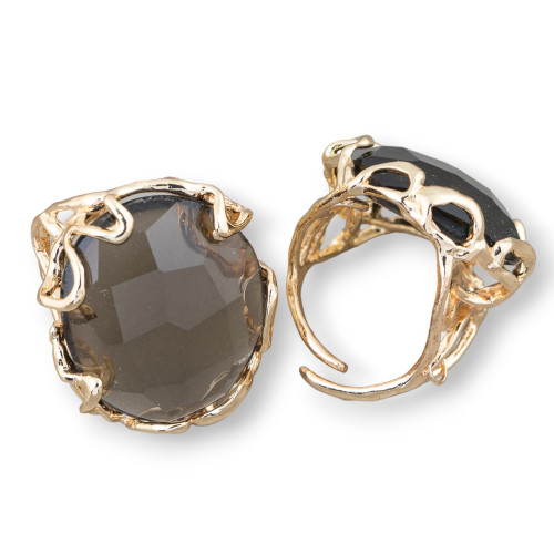 Bronze Ring With Irregular Natural Stone 28x32mm Adjustable Size Golden Smoky Quartz