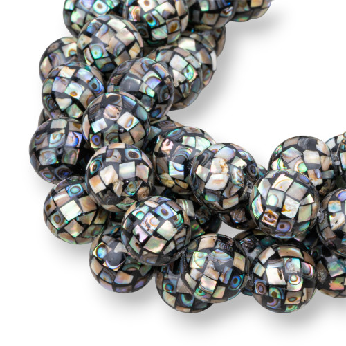Mother of Pearl Black Abalone Mosaic Round Smooth 14mm