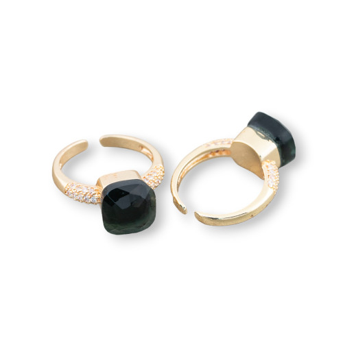 Bronze Ring With Cushion Cat's Eye 10mm With Zircons Set Dark Green Transparent