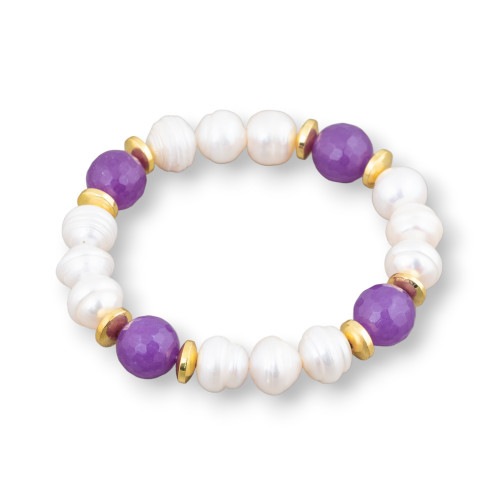 Elastic Bracelet of Cippolina River Pearls 11-11.5mm White with Purple Jade and Hematite
