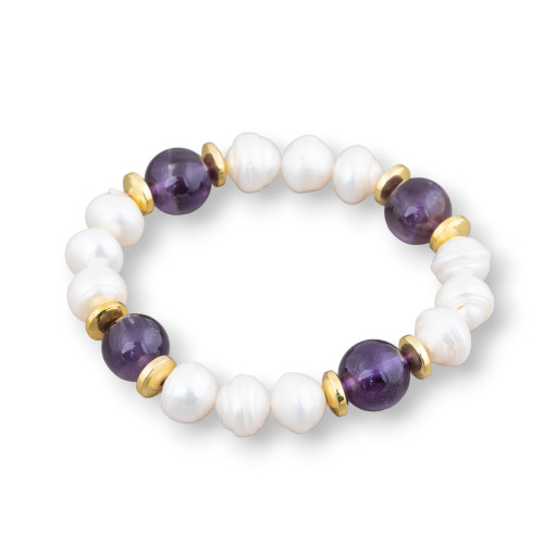 Elastic Bracelet Of Cippolina River Pearls 11-11.5mm White With Amethyst And Hematite