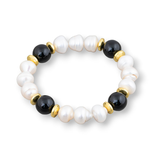 Elastic Bracelet Of Cippolina River Pearls 11-11.5mm White With Onyx And Hematite