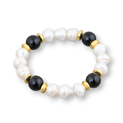 Pulsera Elástica De Perlas De Río Cippolina 11-11.5mm Blancas Con Ónix Y Hematites