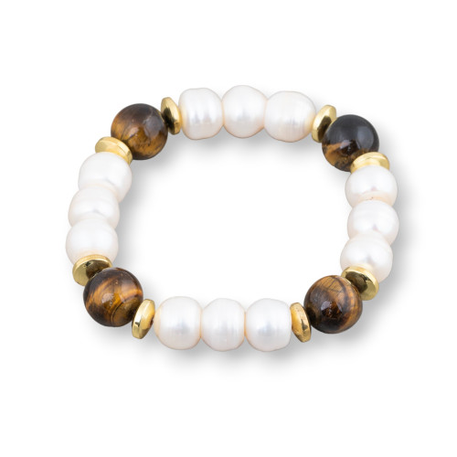Elastic Bracelet of Cippolina River Pearls 11-11.5mm White with Tiger's Eye and Hematite
