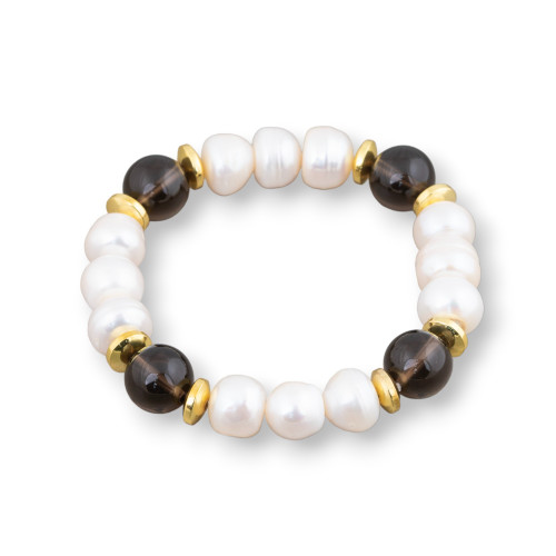 Elastic Bracelet Of Cippolina River Pearls 11-11.5mm White With Smoky Quartz And Hematite