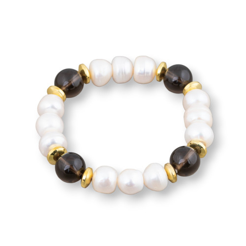 Bracciale Elastico Di Perle Di Fiume Cippolina 11-11.5mm Bianco Con Quarzo Fume E Ematite