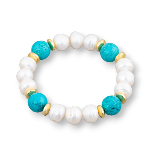 Elastic Bracelet of Cippolina River Pearls 11-11.5mm White with Stabilized Turquoise and Hematite