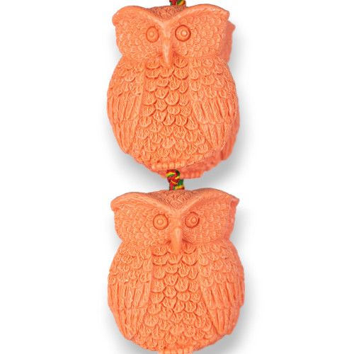 Resin Beads Owls Engraving Front Back 30x40mm 9pcs Orange
