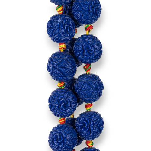 Resin Beads Engraved Sphere 14mm 19pcs Blue Flower