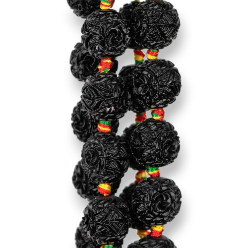 Gravierte Kugel-Harzperlen, 14 mm, 19 Stück, schwarze Blume