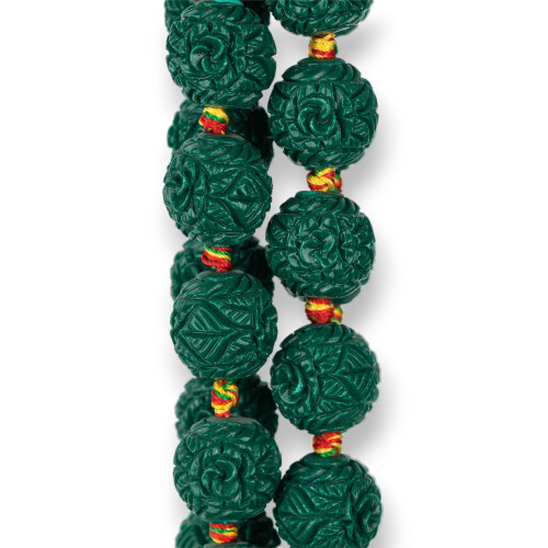 Engraved Sphere Resin Beads 14mm 19pcs Green Flower