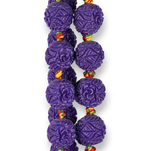 Resin Beads Engraved Sphere 14mm 19pcs Purple Flower