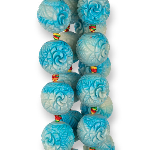 Engraved Sphere Resin Beads 18mm 16pcs Gradient Light Blue Flower