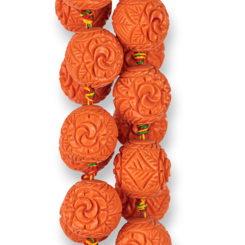 18mm Engraved Sphere Resin Beads Orange Flower