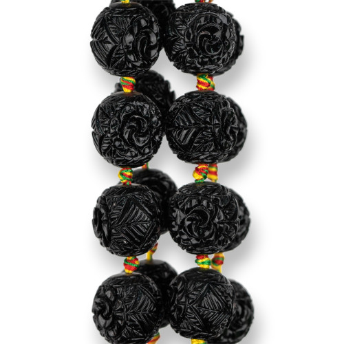18mm Engraved Sphere Resin Beads Black Flower