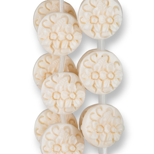 Resin Beads Round Flat Double Sided Flowers 20mm 17pcs White