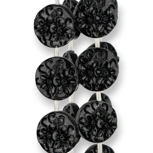 Cuentas de resina redondas planas con flores de doble cara 20 mm 17 piezas Negro