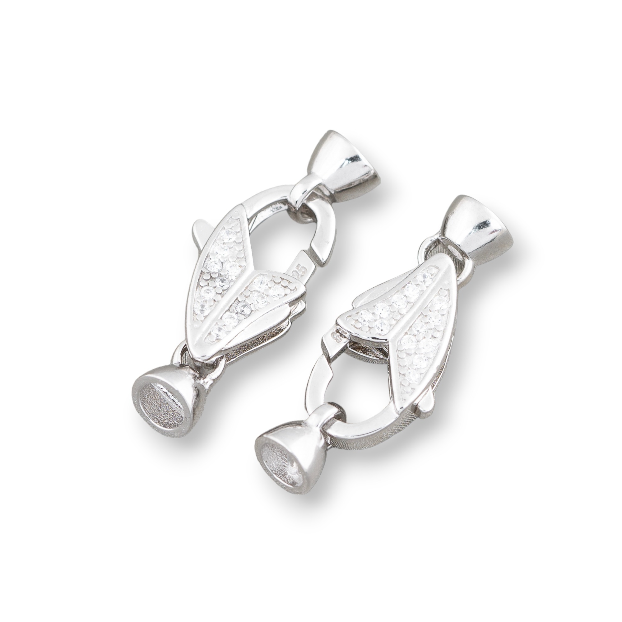Chiusura Di Argento 925 Con Zirconi Moschettone Con Coppette 10x25mm 2pz Rodiato