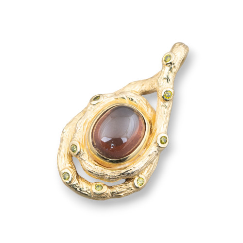 Pendant Of 925 Silver With Zircons And Cabochon Of Golden Hydrothermal Stones 18x34mm