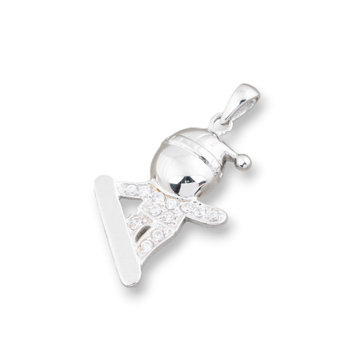 Charms Pendant Of 925 Silver Child And Snowboard With Zircons 15x30mm