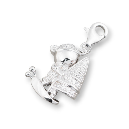 Ciondolo Pendente Charms Di Argento 925 Con Moschettone Bimbo E Barchetta Con Zirconi 18x33mm