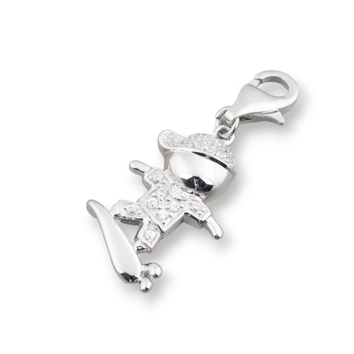 Charms Pendant Of 925 Silver With Baby Carabiner And Skateboard With Zircons 15x34mm