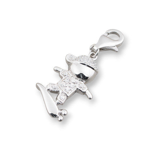 Ciondolo Pendente Charms Di Argento 925 Con Moschettone Bimbo E Skateboard Con Zirconi 15x34mm