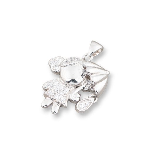 Pendentif Fille En Argent 925 Avec Parapluie Et Zircons 17x22mm