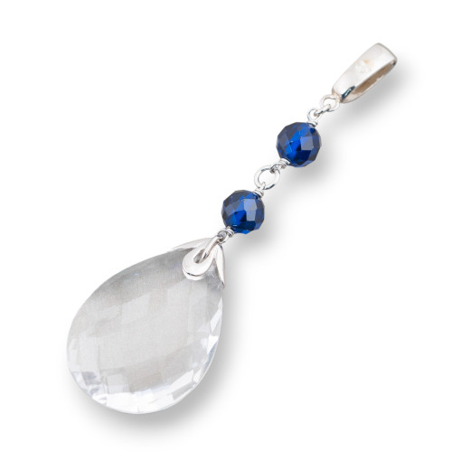 Pendant Of 925 Silver With Blue Zircons And Faceted Drop Crystal 36x25mm