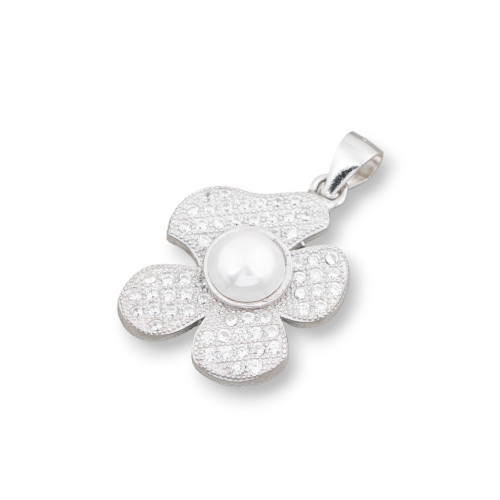 Pendant Of 925 Silver Flower With Zircons And Pearls 17x27mm