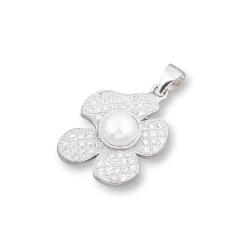 Ciondolo Pendente Di Argento 925 Fiore Con Zirconi E Perle 17x27mm