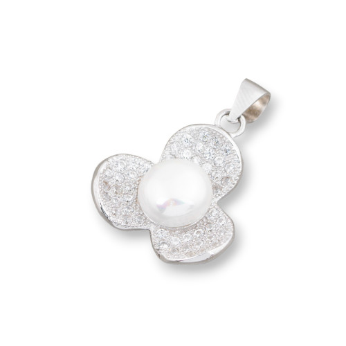 Pendant Of 925 Silver Clover With Zircons And Pearls 17x24mm