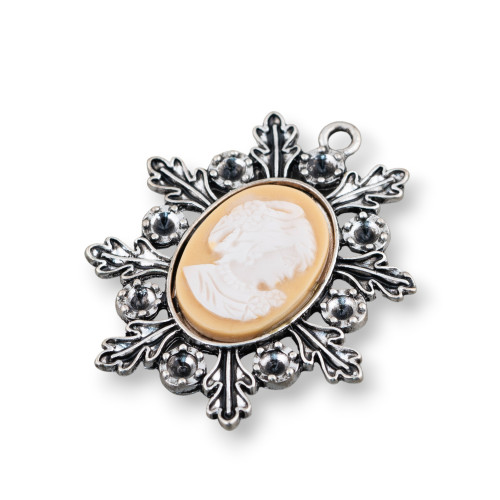 Brass Pendant And Resin Cameo 40x45mm 2pcs Cream Rhodium Plated