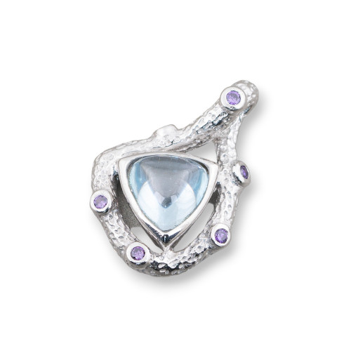 Pendant Of 925 Silver With Zircons And Cabochon Of Hydrothermal Stones 18x26mm Rhodium Plated