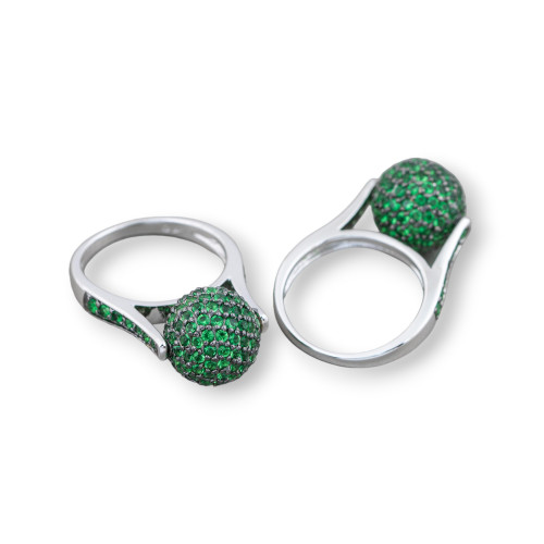 925 Silver Ring With Zircons Green Rotating Sphere 21x32mm