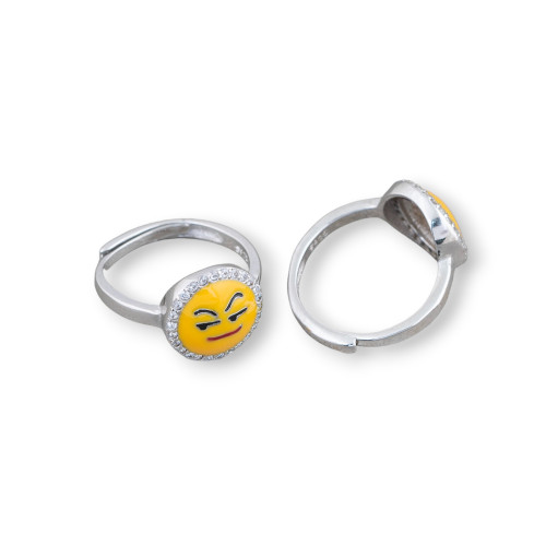 Anello Di Argento 925 Emoji E Zirconi 10mm Misura Regolabile MOD7