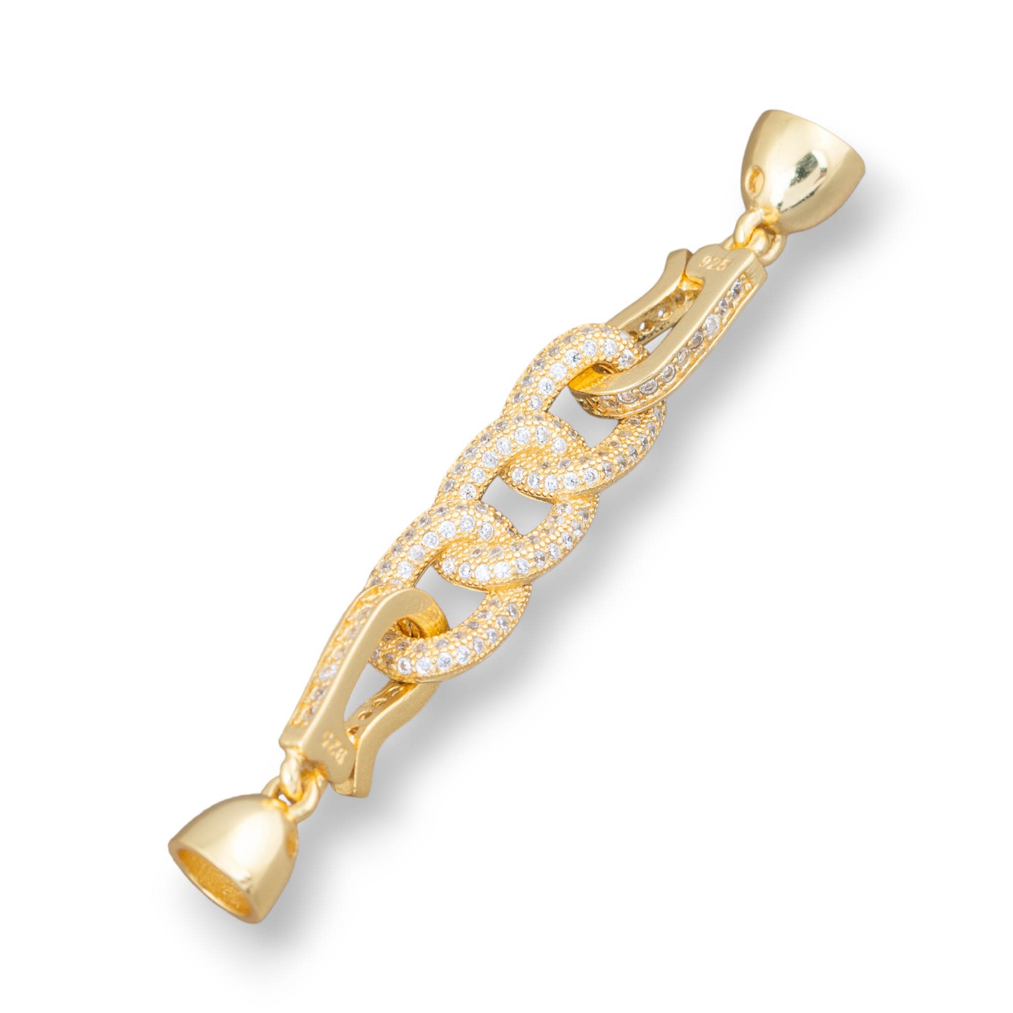 Chiusura Di Argento 925 Con Zirconi Micropave Treccia Catena 9x60mm Con Coppette da 7mm 1pz Dorato