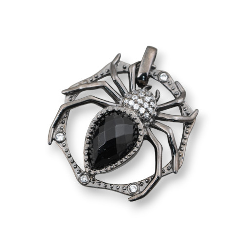 Pendant Of Burnished 925 Silver With Zircons And Hydrothermal Stone 25x28mm Black