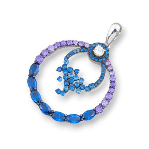 Pendant Of 925 Silver With Zircons And Blue And Purple Hydrothermal Stones 28x40mm