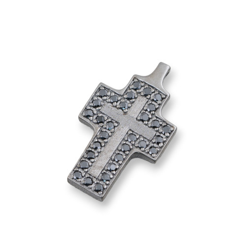 Pendant Pendant Of 925 Silver Satin Burnished Cross With Black Zircons 17x29mm