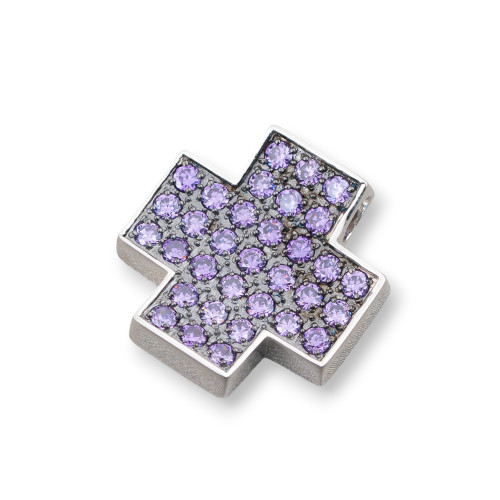 925 Silver Cross Pendant With Purple Zircons 23mm