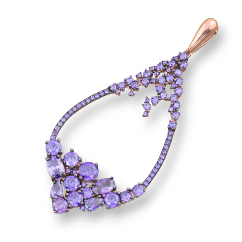 Ciondolo Pendente Di Argento 925 Oro Rosa Con Zirconi E Topazi Viola 29x66mm