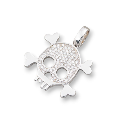 Pendant Of 925 Silver Pirate Skull With White Zircons 25x28mm