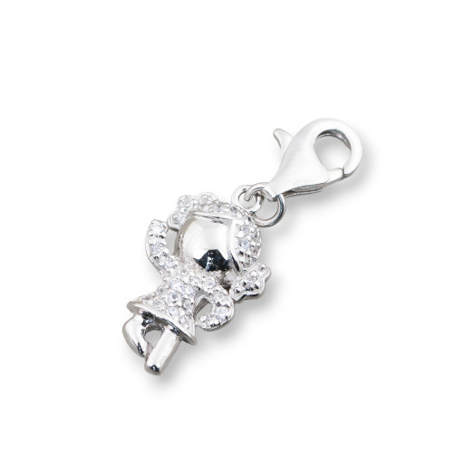 925 Silver Charms Pendant With Carabiner And Zircons For Girl 12x31mm