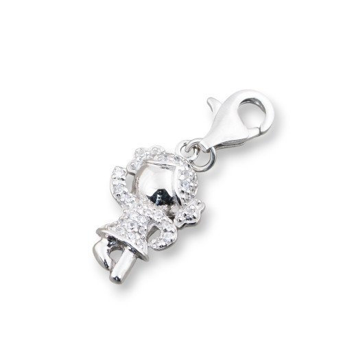 Pendente Charms Di Argento 925 Con Moschettone E Zirconi Bimba 12x31mm