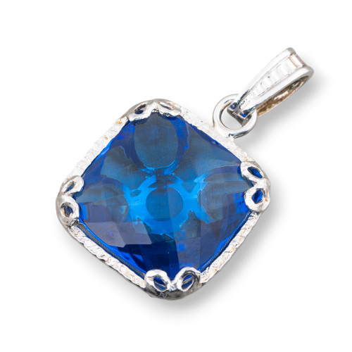 925 Silver Pendant With Zircons Set And Blue Crystal Square 23x38mm