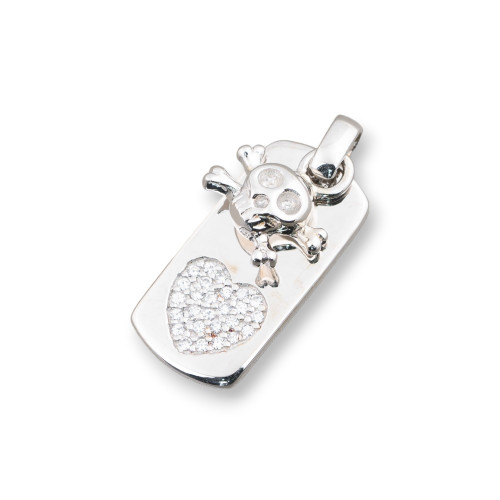 Pendentifs Argent 925 Médaille Coeur Avec Pendentif Crâne De Pirate Et Zircons 10x25mm